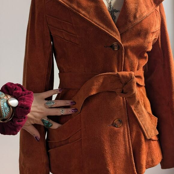 Vintage Orange Brown Suede Jacket Belted Leather Coat Western Rust Red 70s Small - Picture 8 of 10